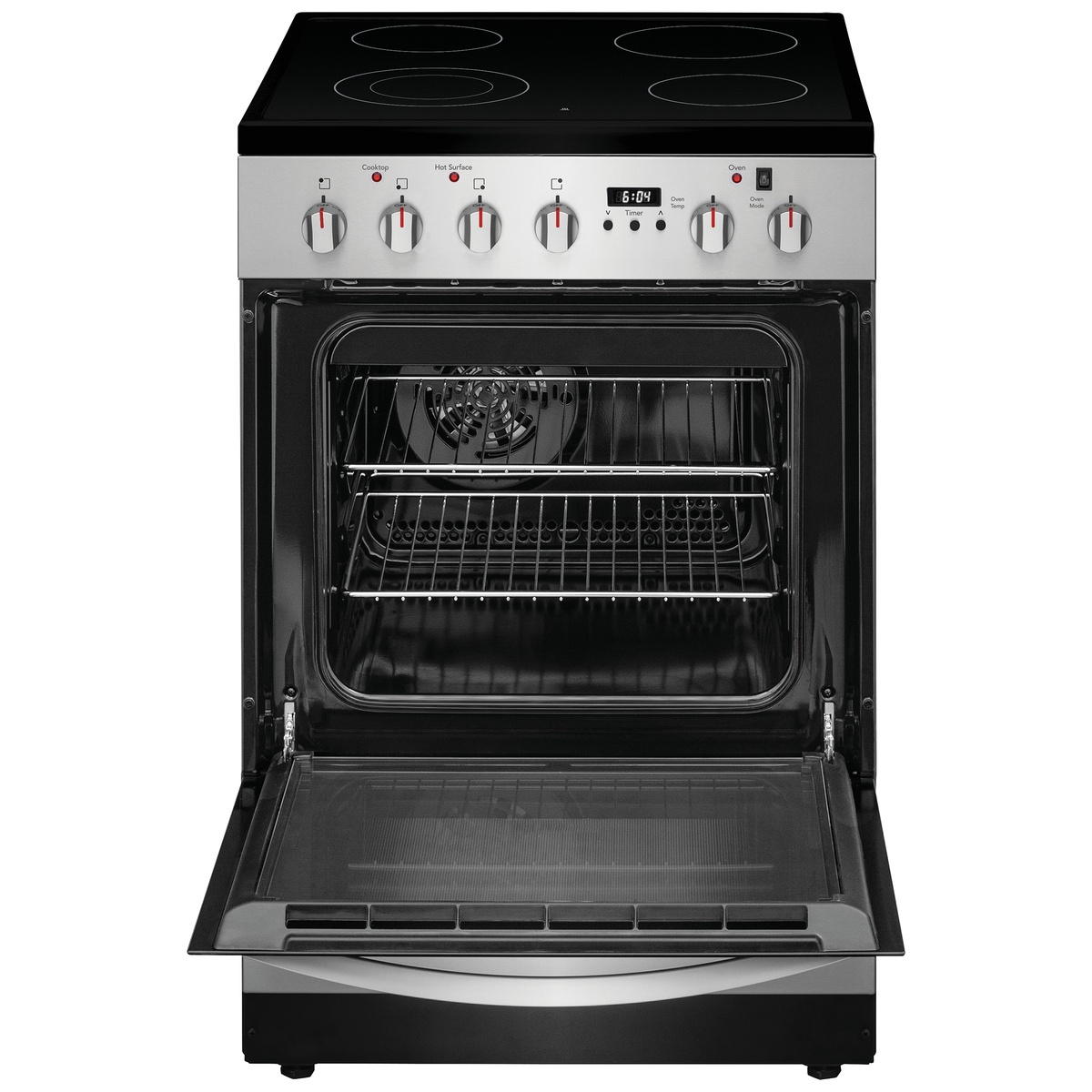 Open oven cavity showing two racks and rear convection fan