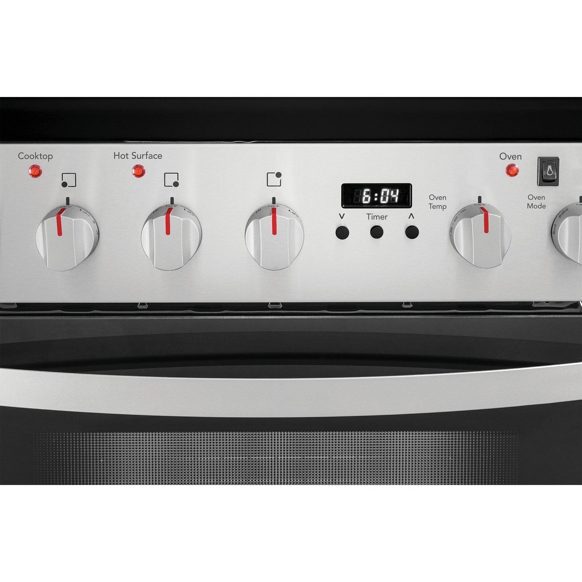 Close-up of control panel with knobs, indicators, and digital timer