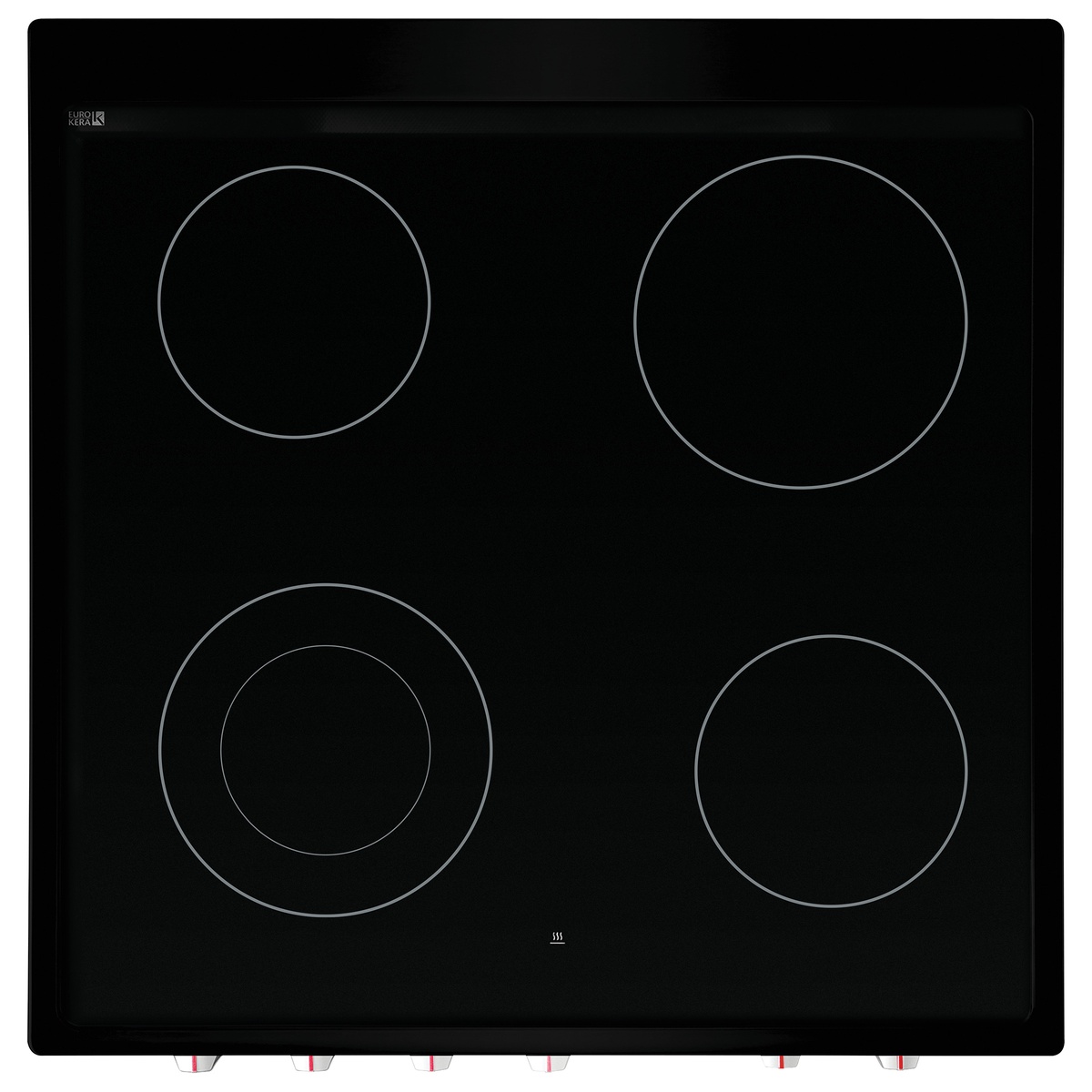 Smooth ceramic cooktop with four radiant elements including dual-size ring