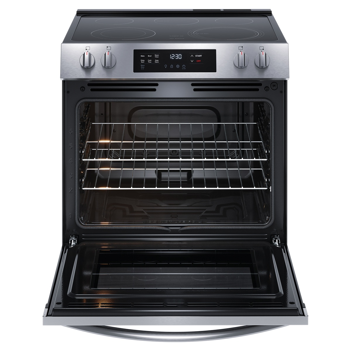 Open oven cavity of Frigidaire range with two racks and interior lights