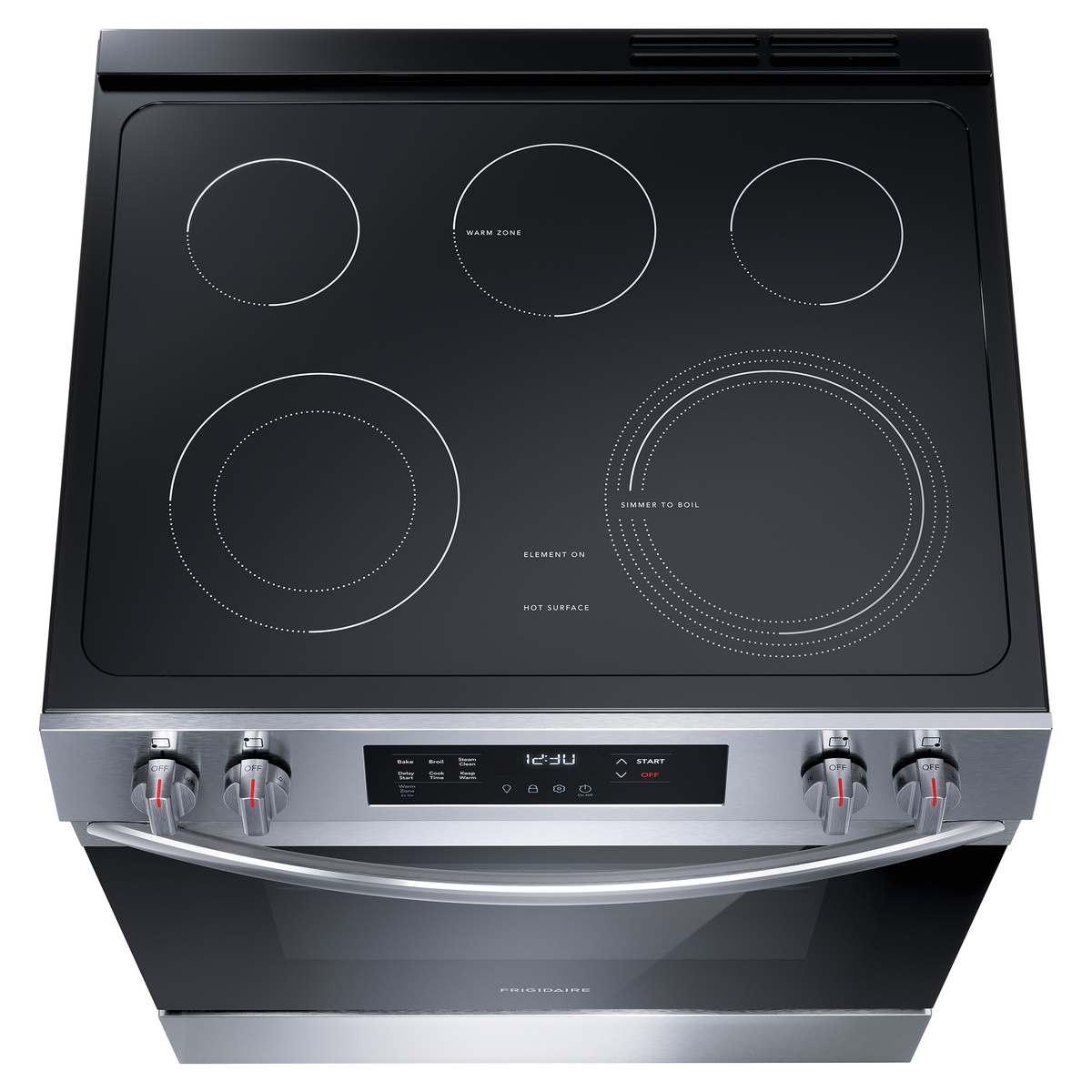 Top view of Frigidaire smooth cooktop showing 5 elements including dual-size and warm zone