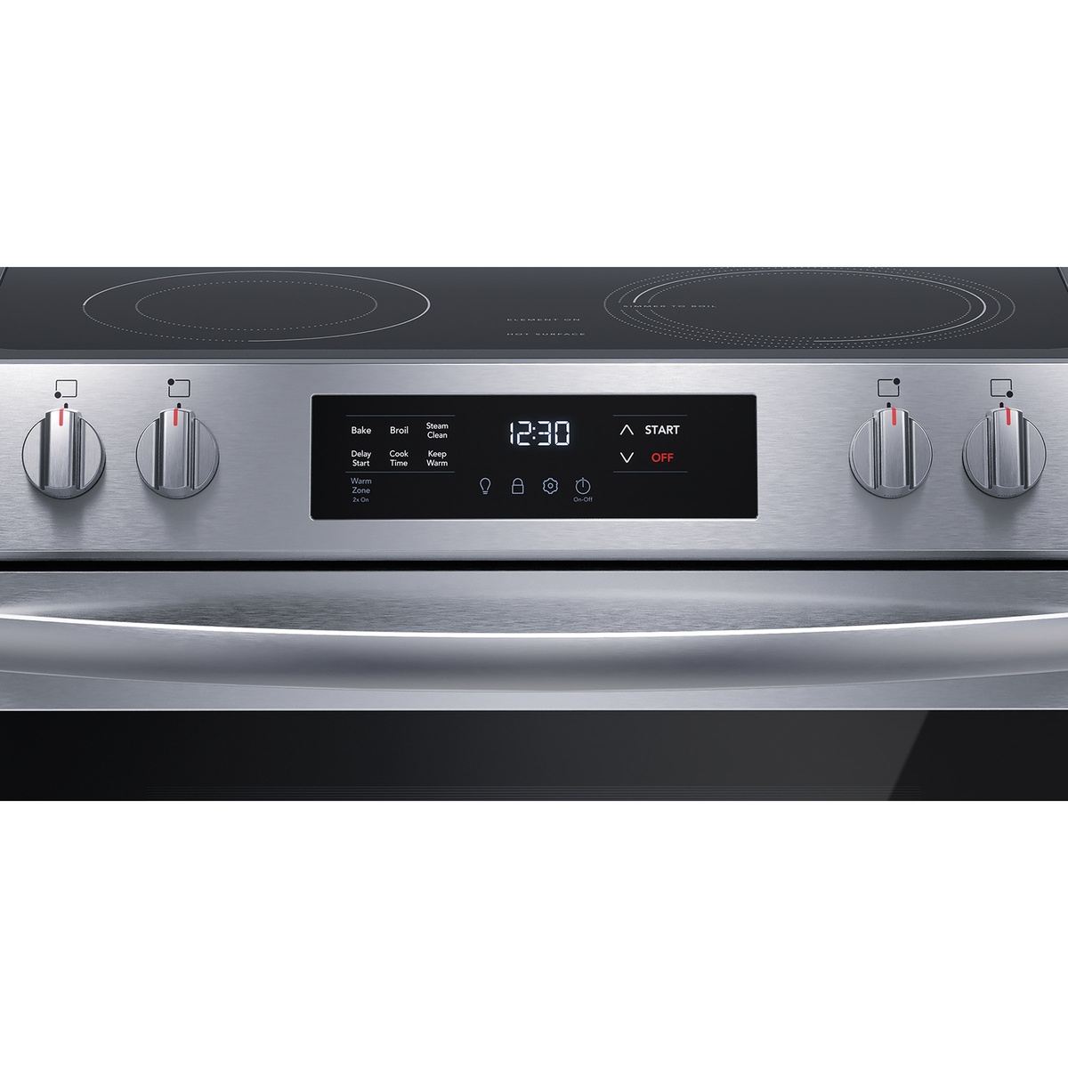 Close-up of control panel with knobs and digital display showing bake, broil, steam clean, and timer