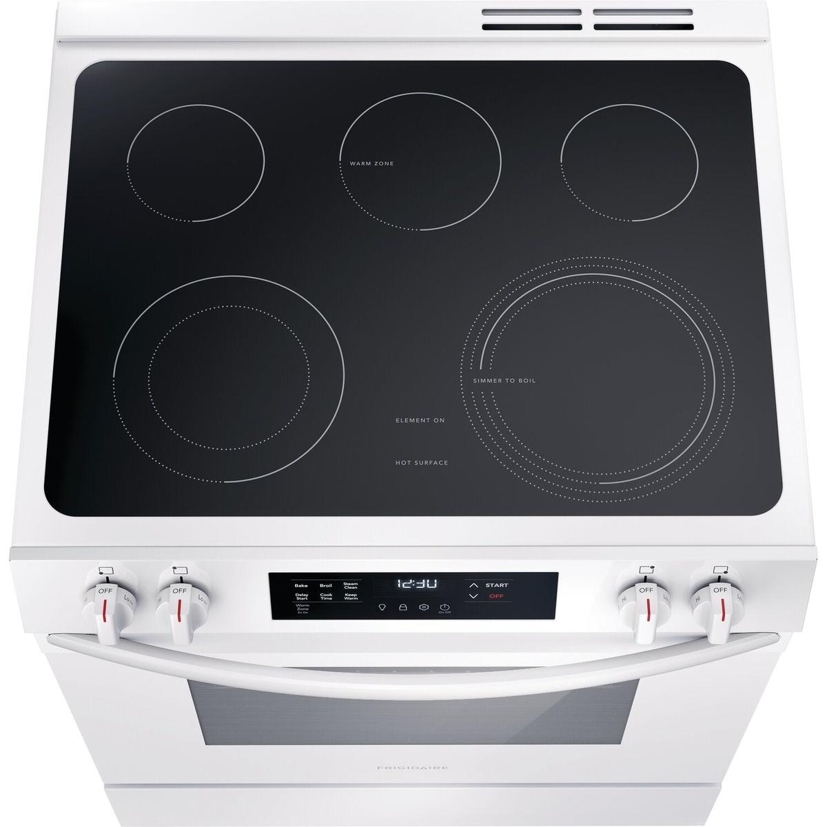 Top-down view of the smoothtop with five elements including a dual-size burner and warm zone.