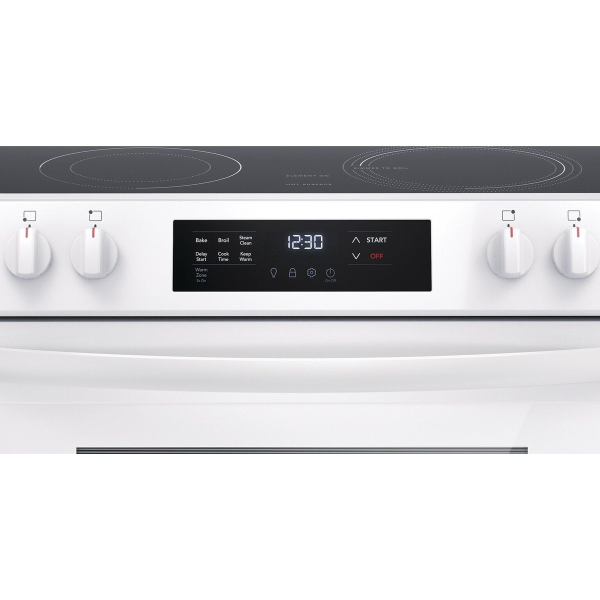 Close-up of control panel showing bake, broil, steam clean, delay start and keep warm options.