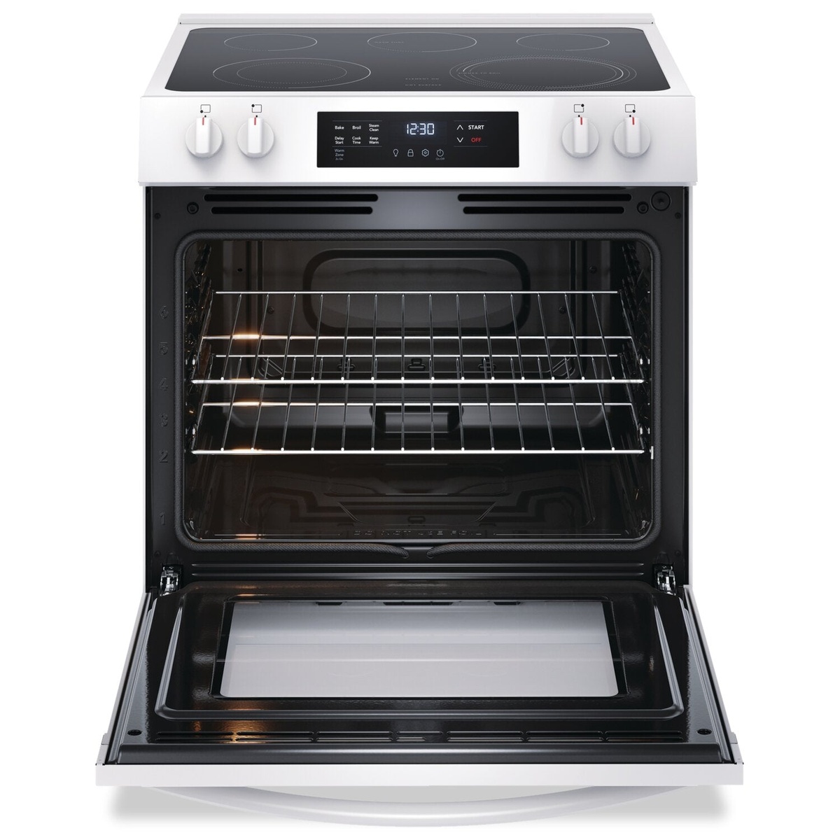Open oven with two racks and midnight black interior.