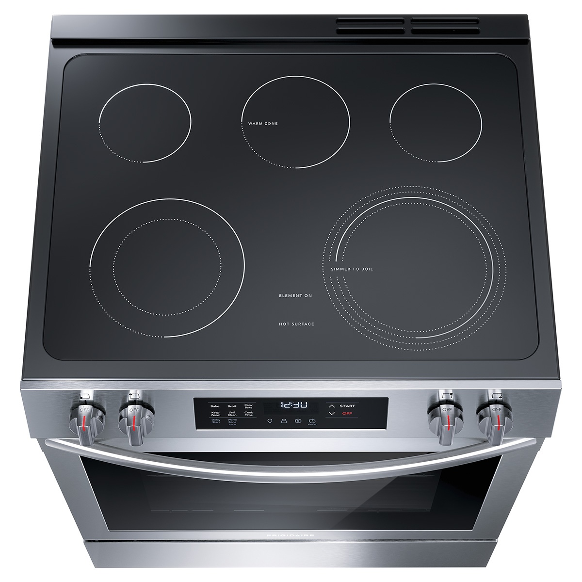 Top view of the cooktop with five elements including dual expandable and warm zone