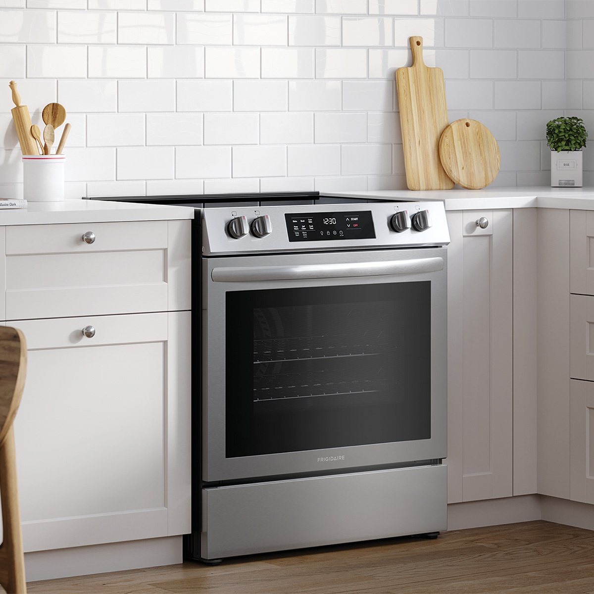 Frigidaire slide-in range shown installed in a modern kitchen