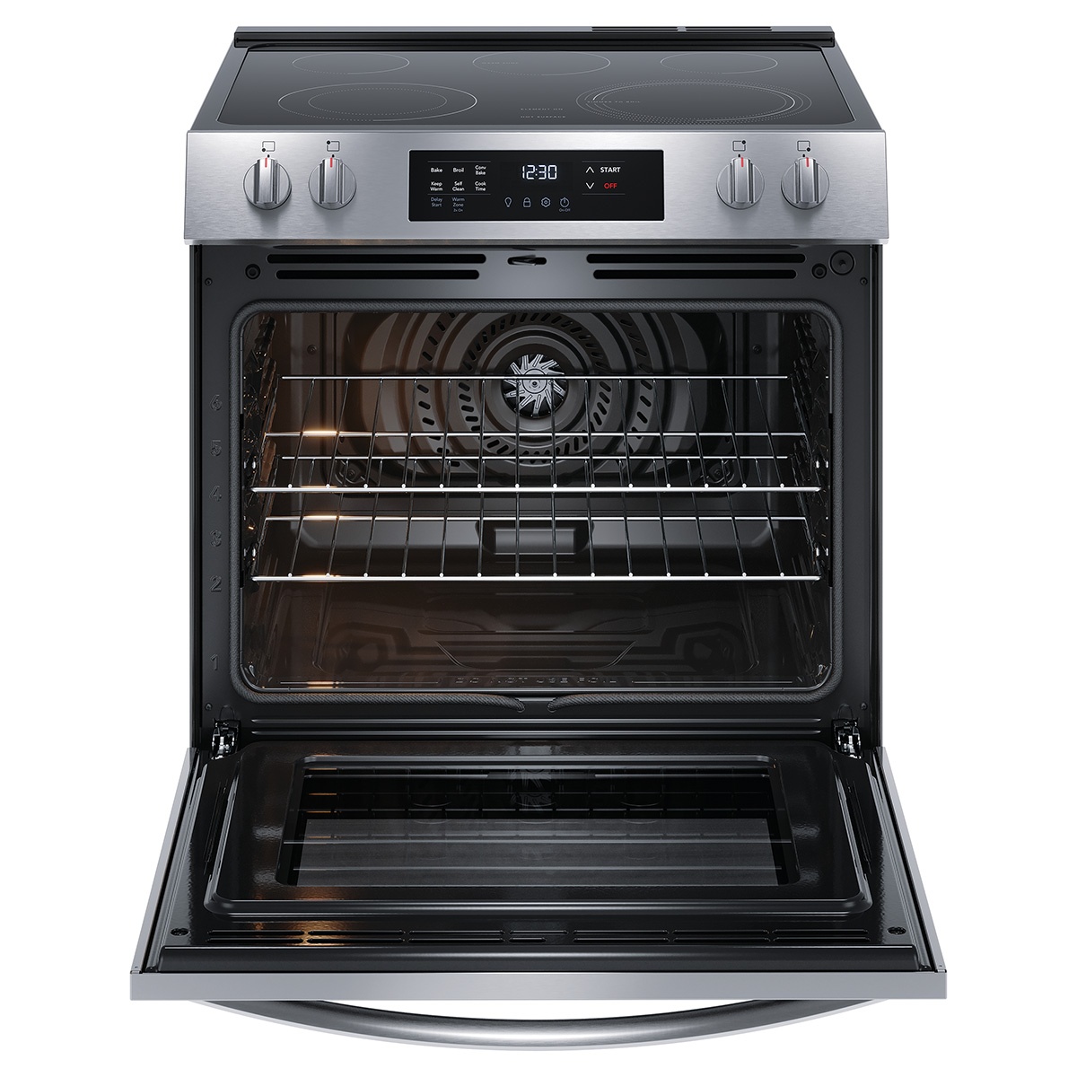 Open oven showing fan convection and two racks