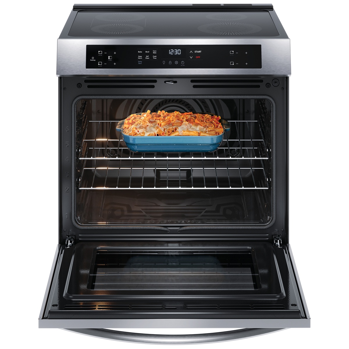 Open oven with casserole inside showing convection fan pattern
