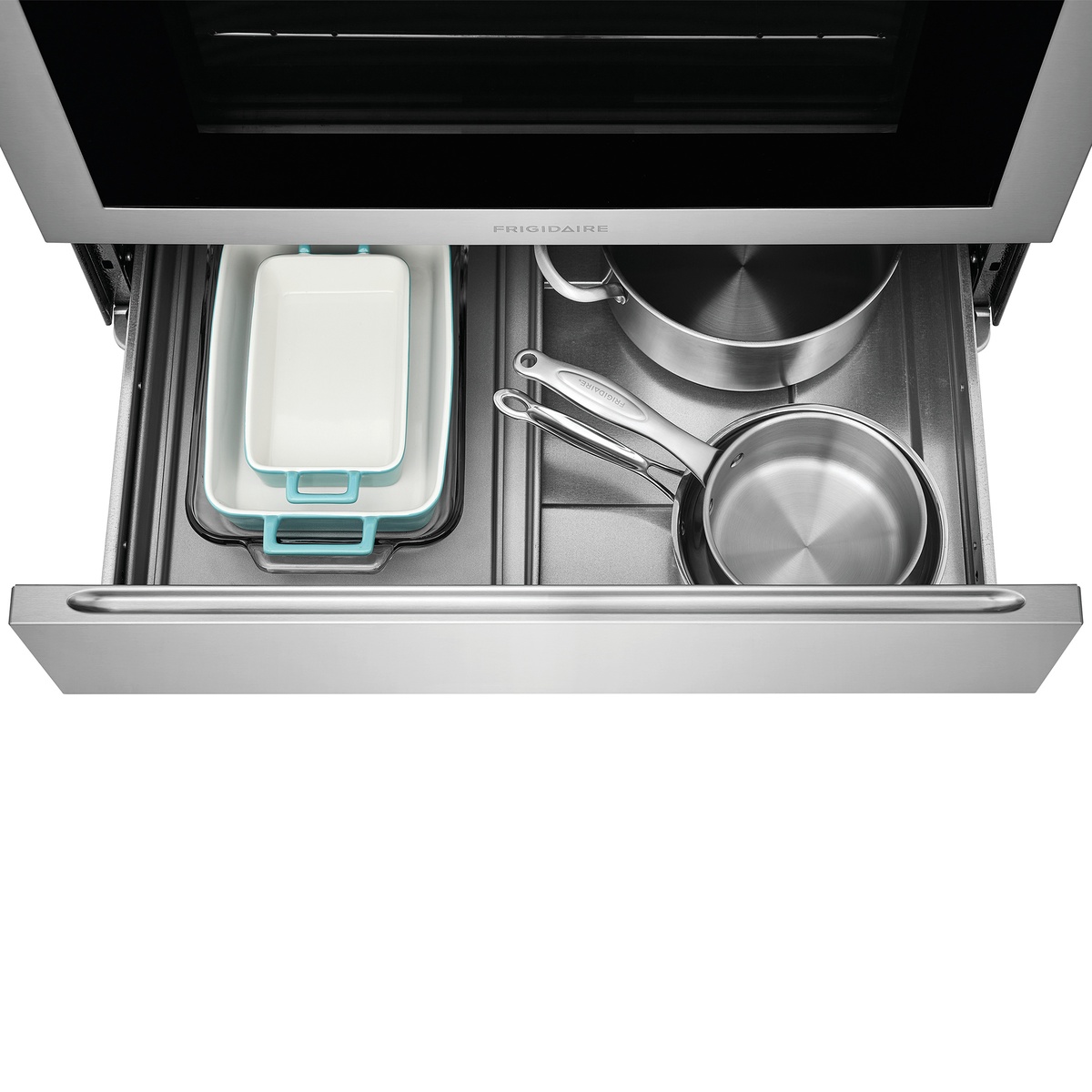 Extra-wide storage drawer holding cookware and bakeware