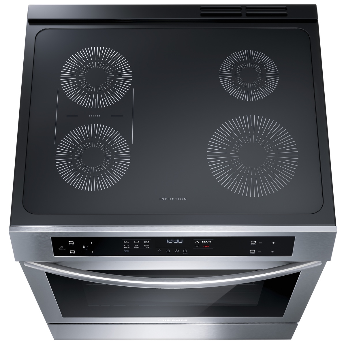 Top view of Frigidaire induction cooktop showing four elements and bridge zone