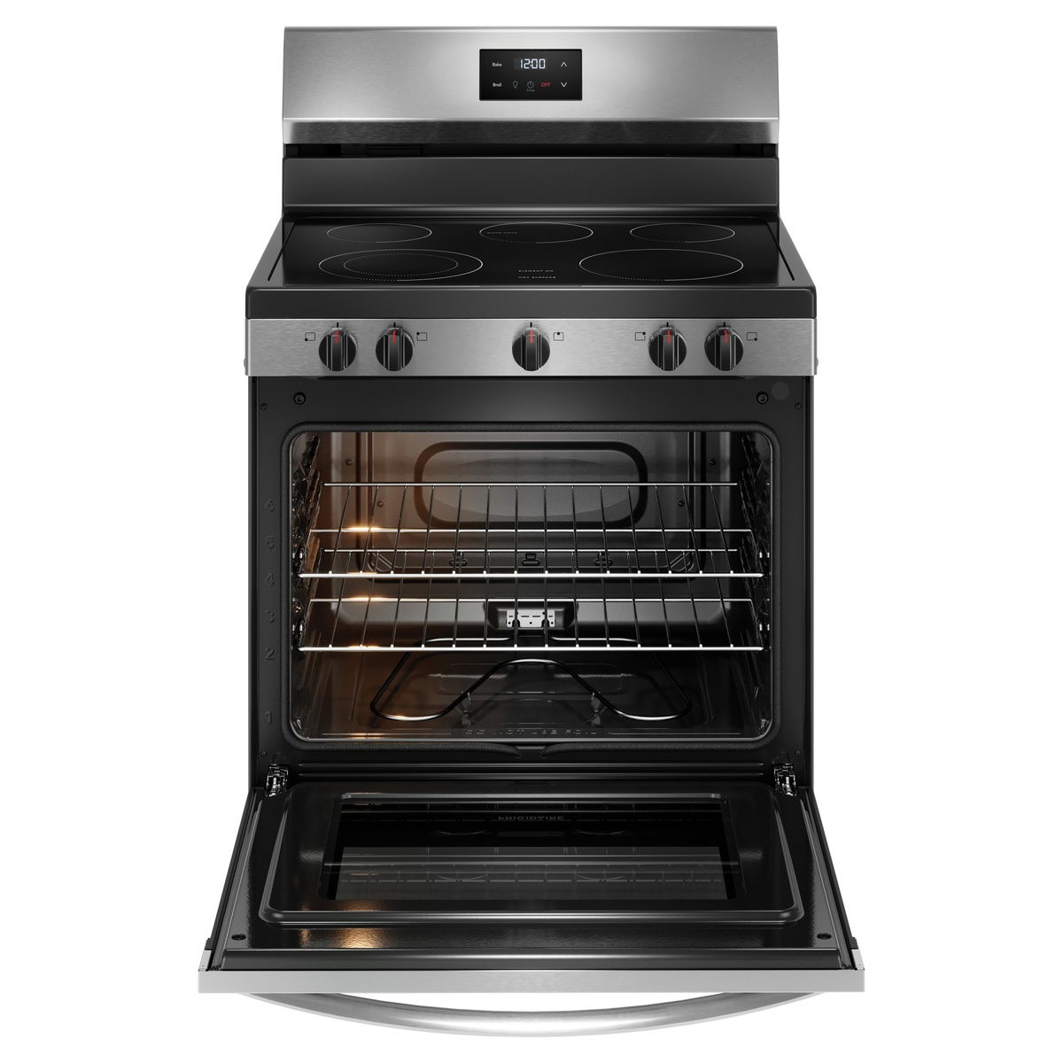Open oven showing two racks and large interior capacity