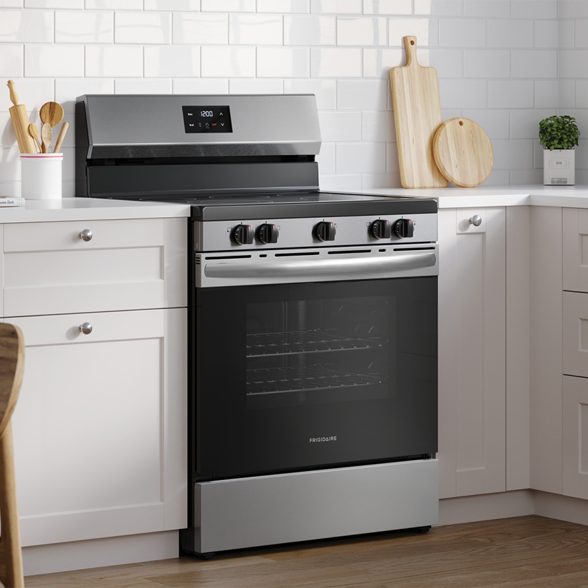 Range shown installed in a modern kitchen, highlighting freestanding design