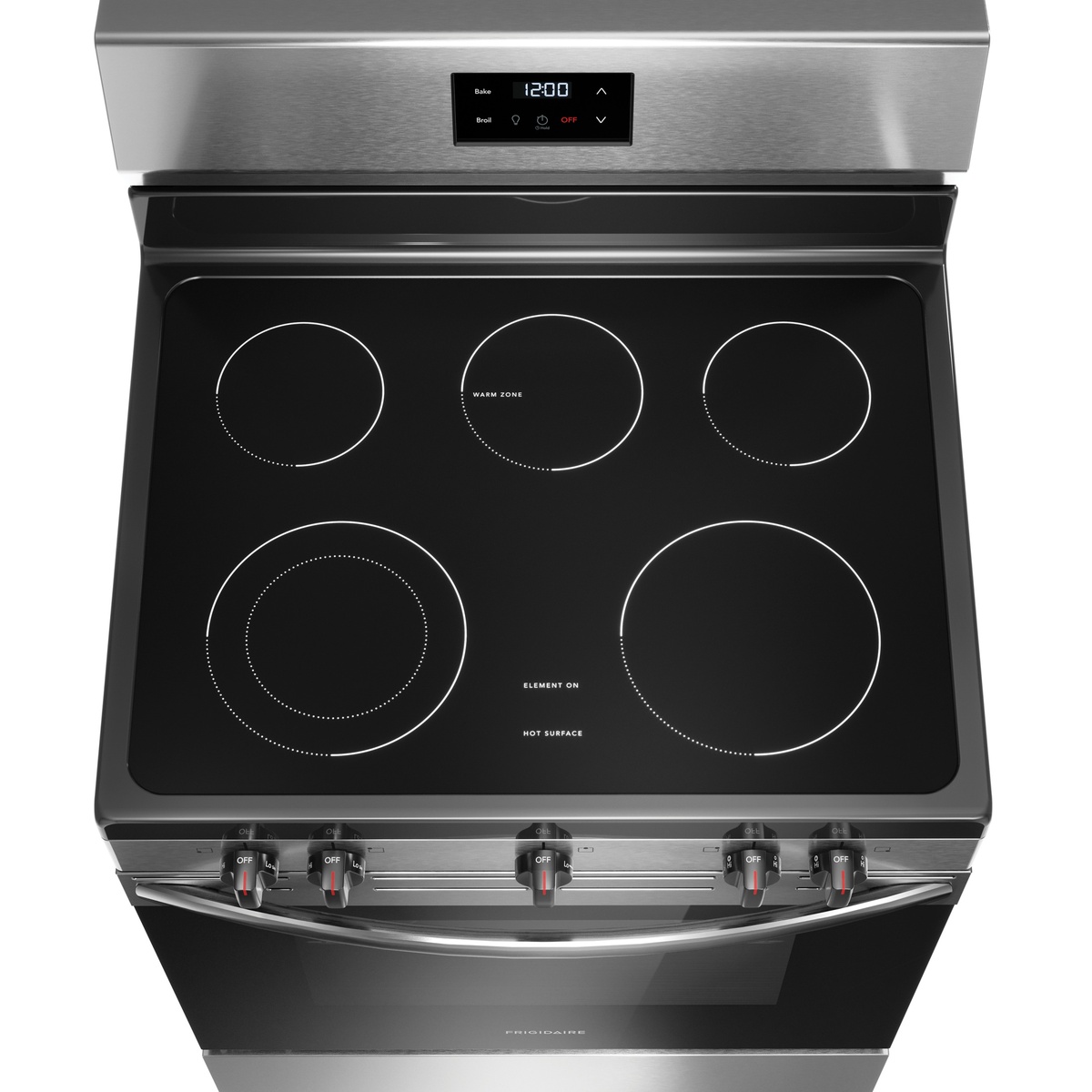 Top view of the 5-element smooth cooktop with dual expandable ring and Keep Warm zone
