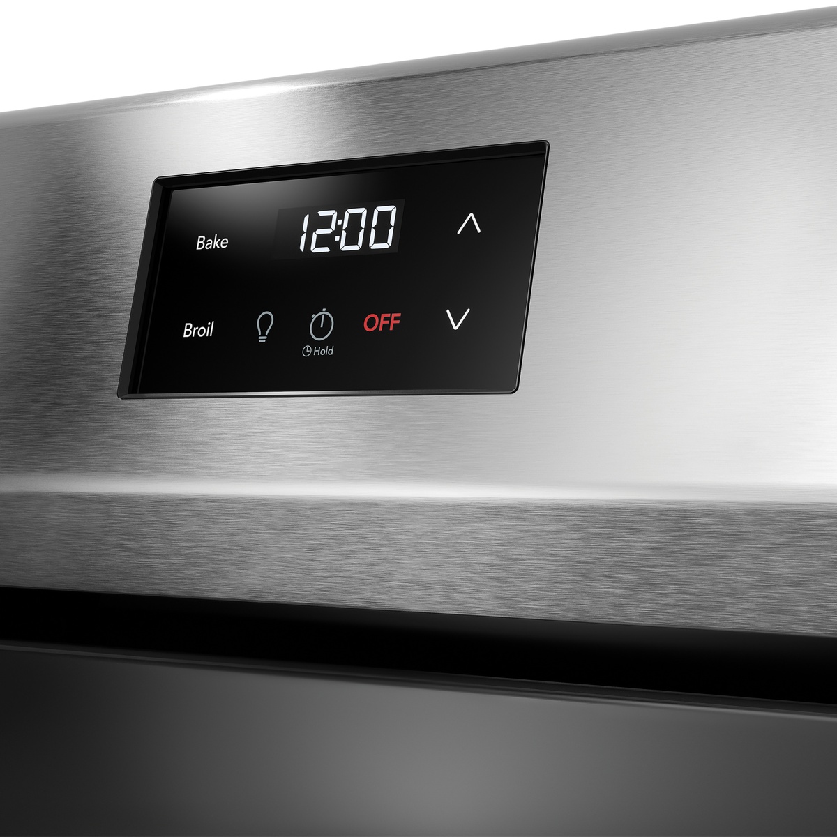 Close-up of the simple digital control panel with clear bake and broil controls