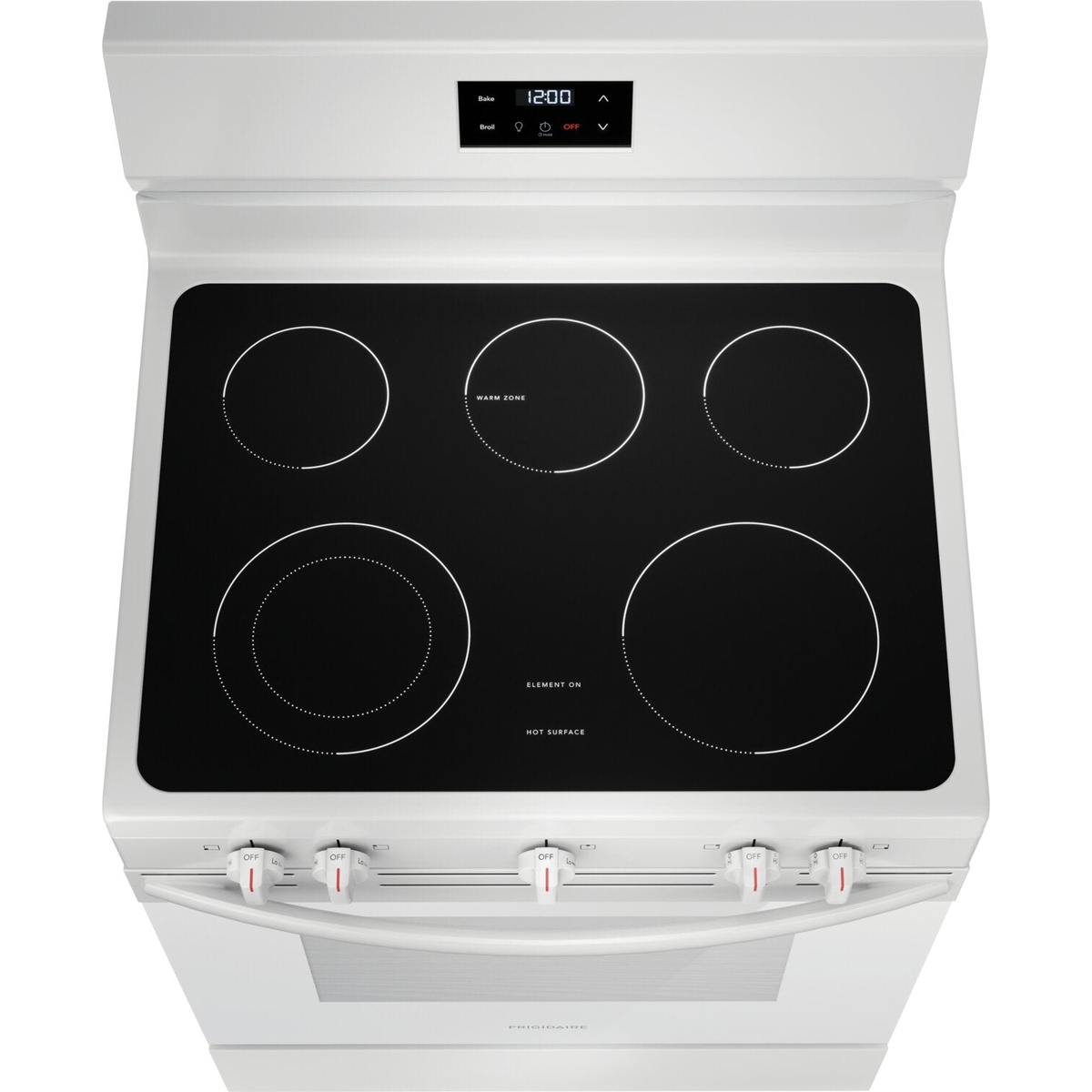 Top-down view of the five-element glass cooktop showing different element sizes and a center warming zone.