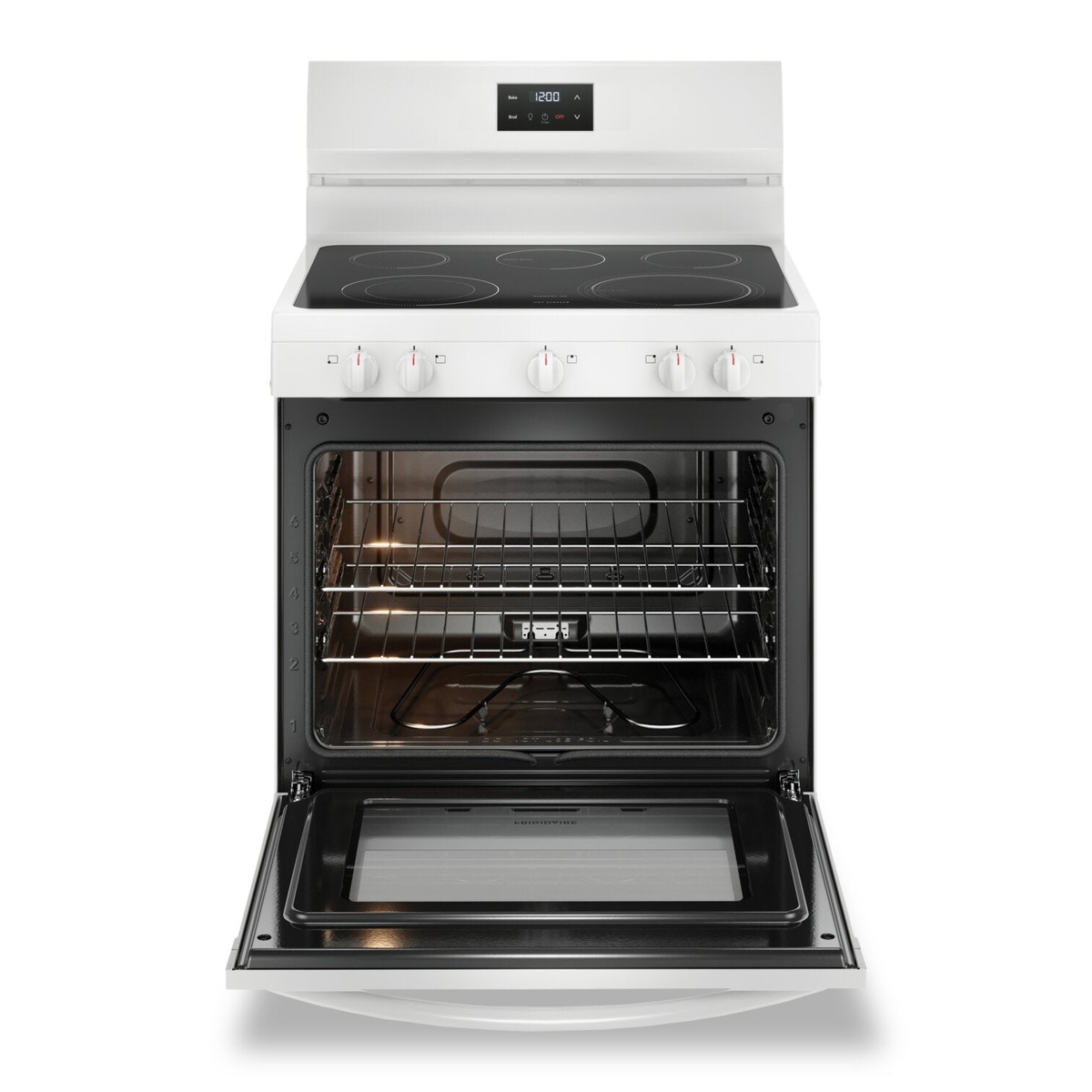 Open oven cavity of the range with interior light on and two adjustable racks.