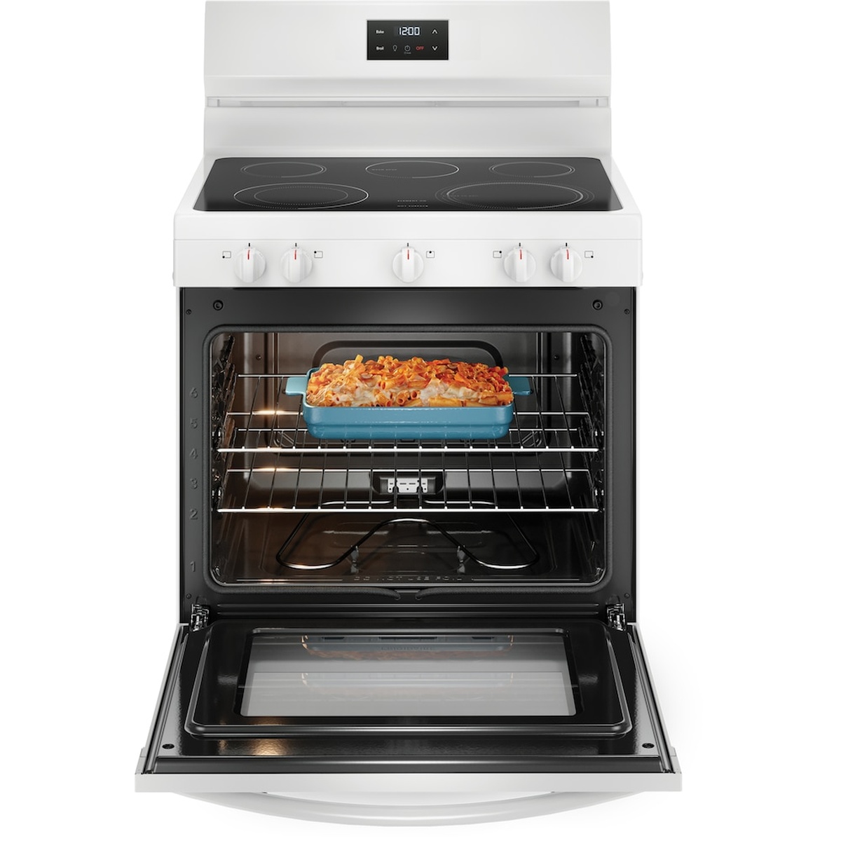 Open oven with a casserole baking on one of the racks inside the 5.3 cu ft cavity.