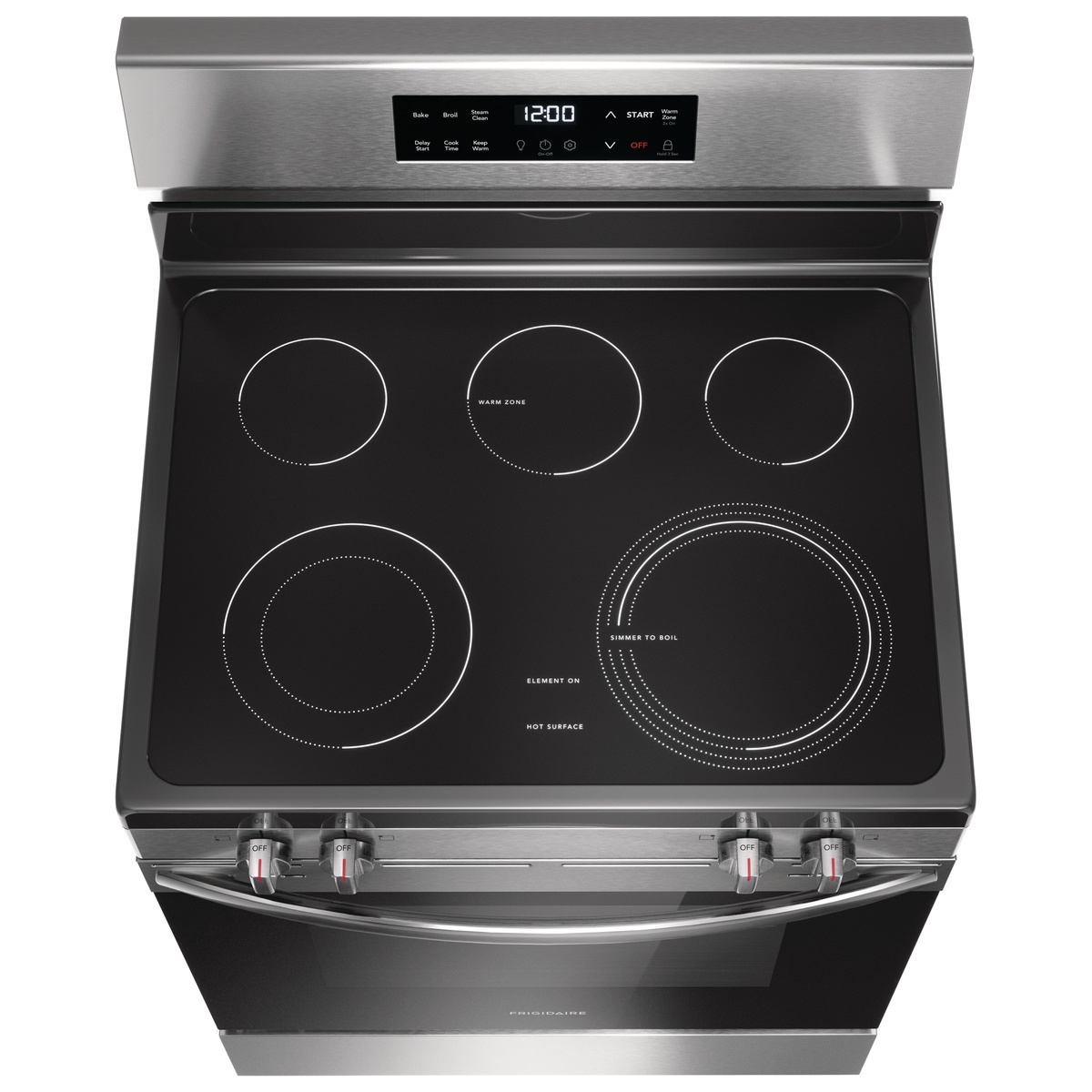 Top view of the smooth cooktop showing five elements including dual expandable and warm zone