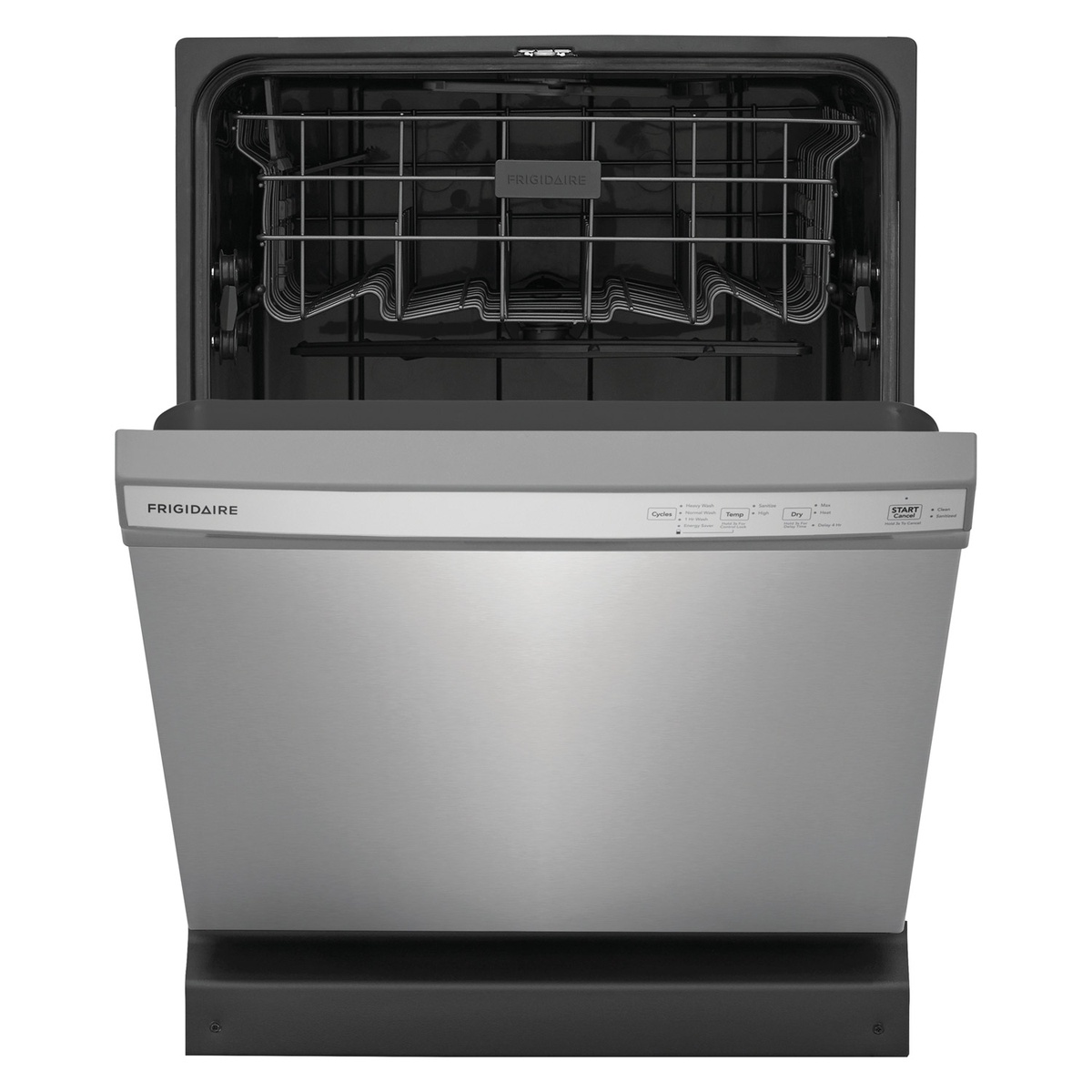 Dishwasher partially open showing upper rack and pocket handle design