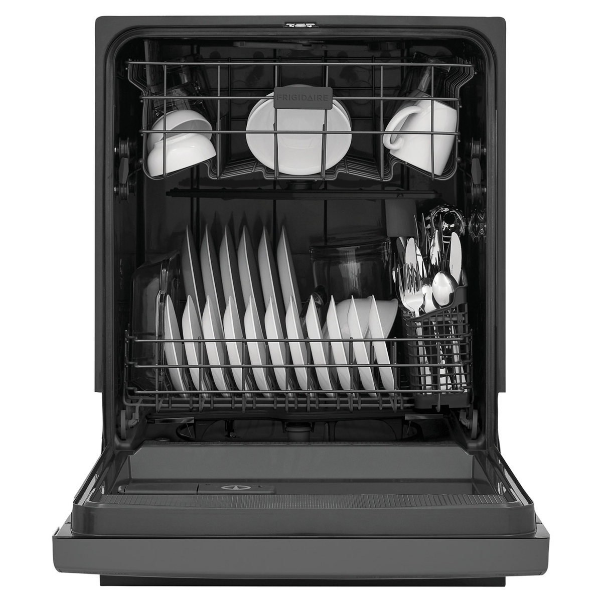 Open Frigidaire dishwasher loaded with dishes and silverware showing interior rack and basket