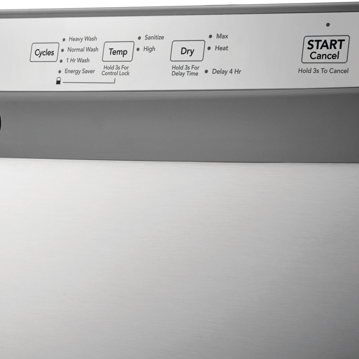 Close-up of front control panel with cycles, temperature, dry options, and start buttons