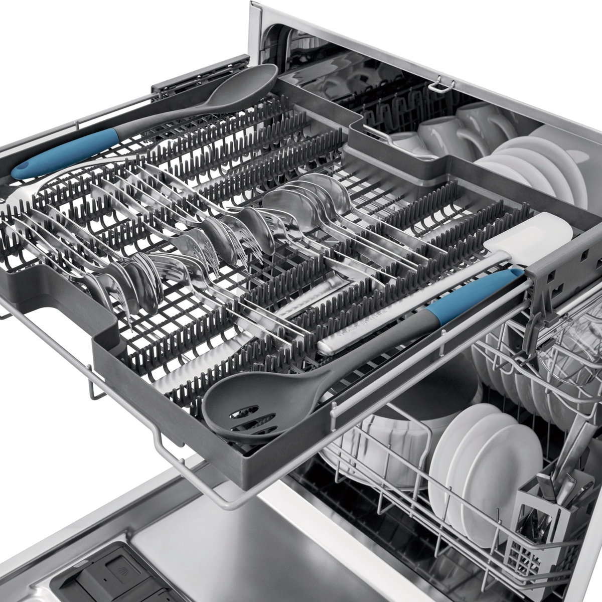 Third level rack extended with organized silverware and long utensils.