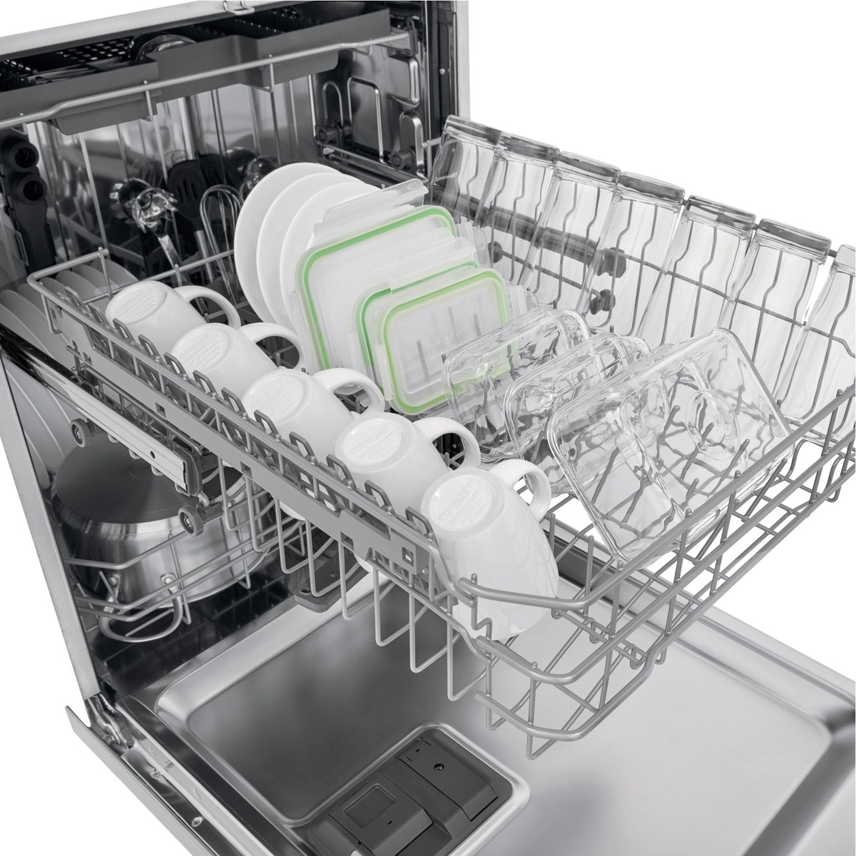Upper rack loaded with mugs, glasses and containers in the dishwasher.