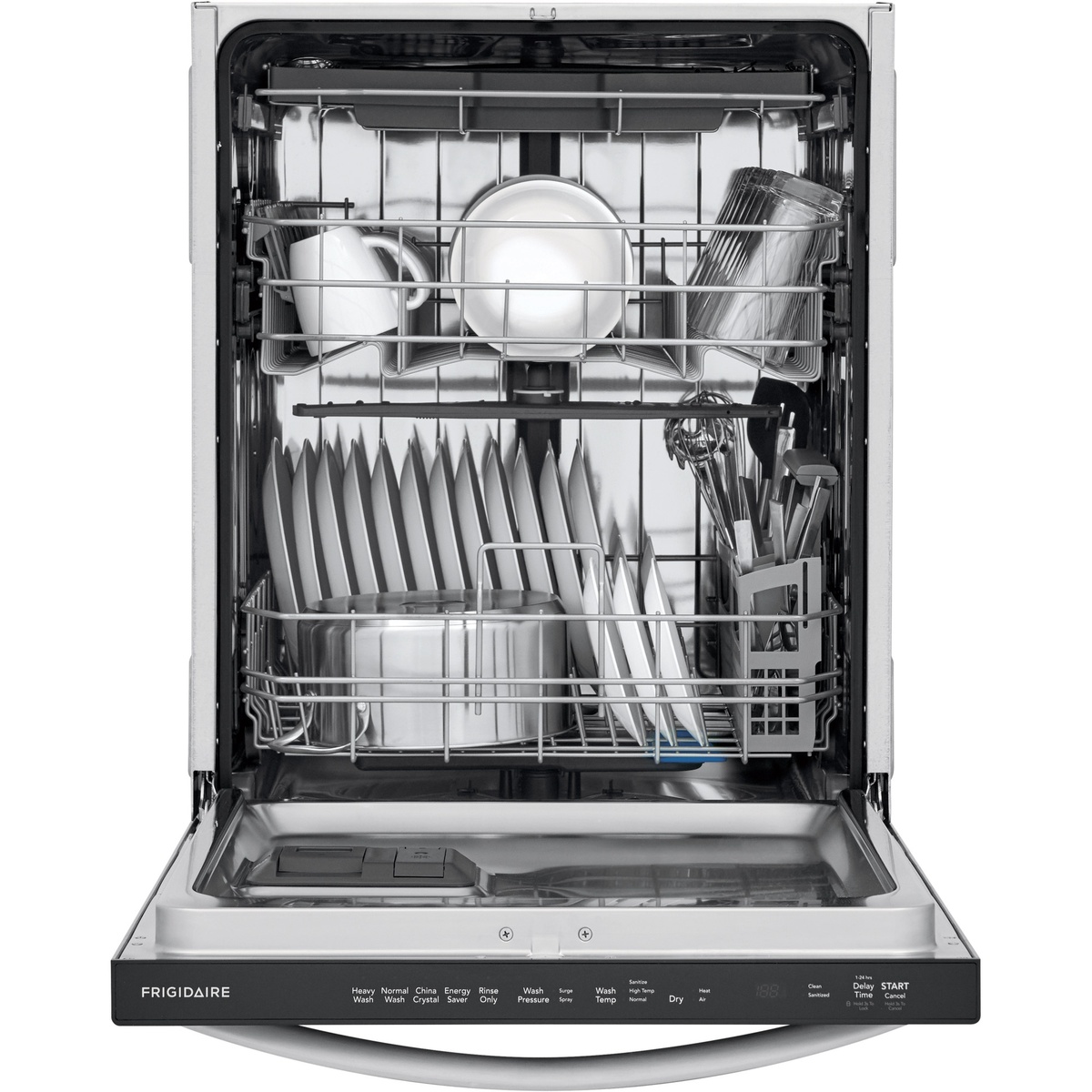 Open Frigidaire dishwasher loaded on two racks showing stainless interior and control strip.