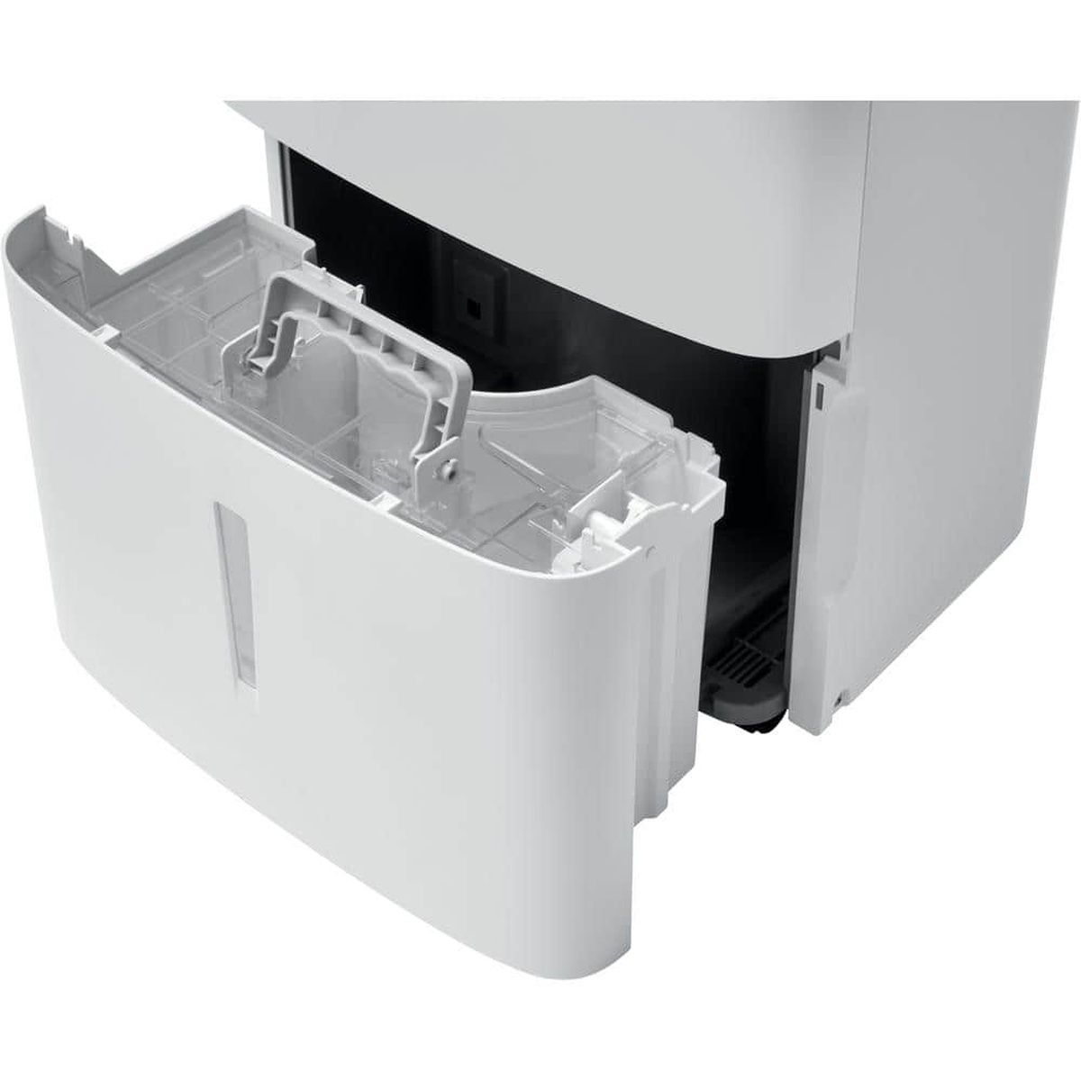 Front-loading dehumidifier bucket partially removed showing carry handle and splash guard