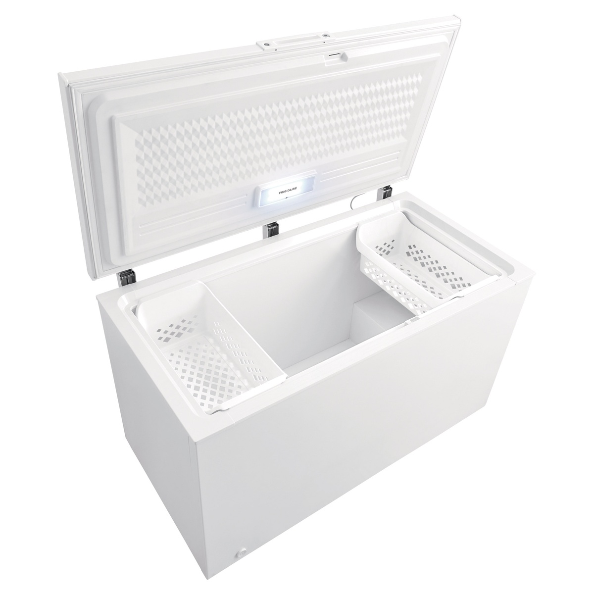 Open freezer interior with two sliding baskets and bright LED light on the lid.