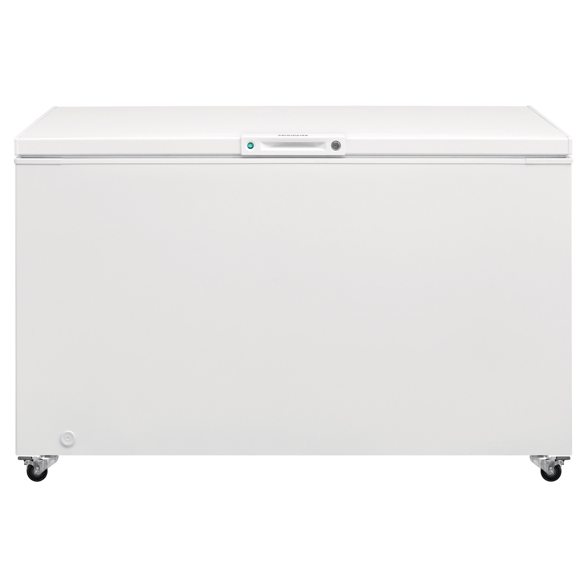 Front view of Frigidaire chest freezer showing clean white finish and caster wheels.