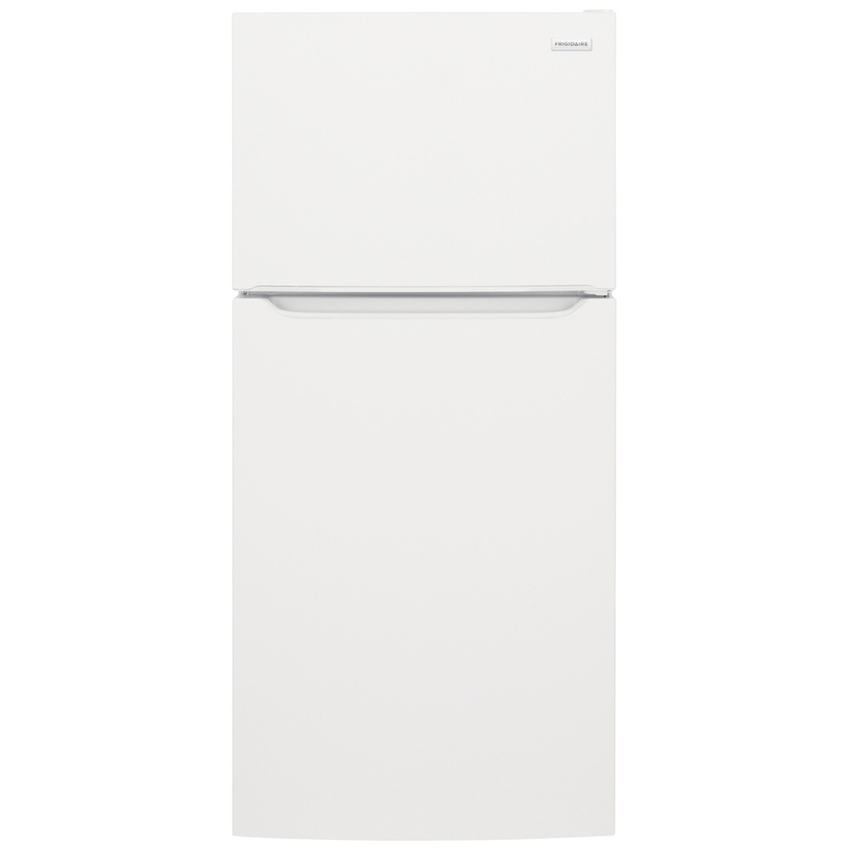White Frigidaire top-freezer refrigerator with recessed handle, front view