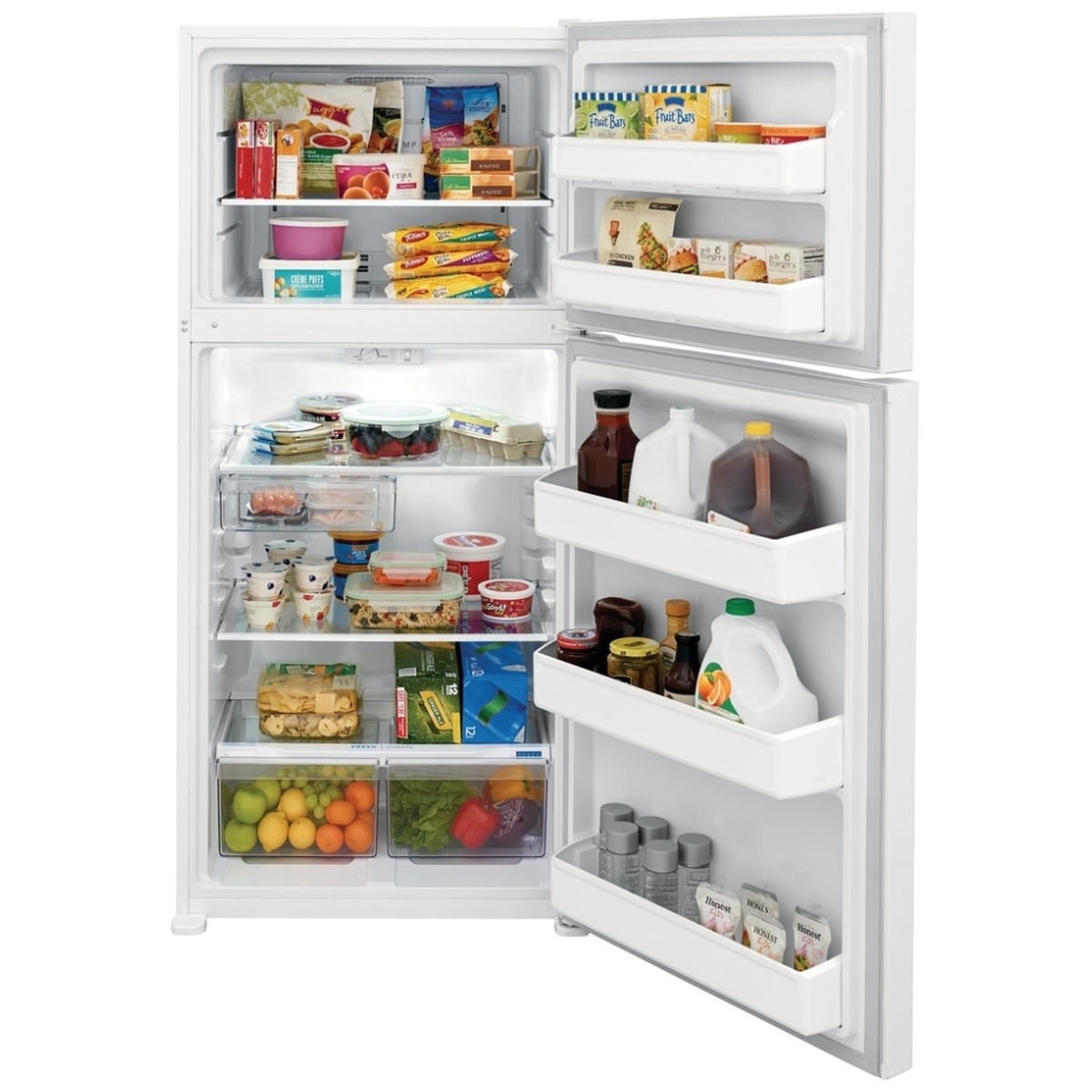 Refrigerator fully stocked with groceries, including gallon jugs in door bins