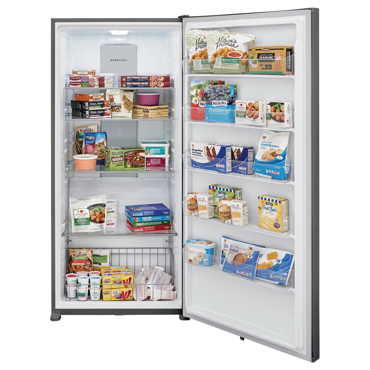 Freezer fully stocked to illustrate generous 20 cu ft capacity and door storage.