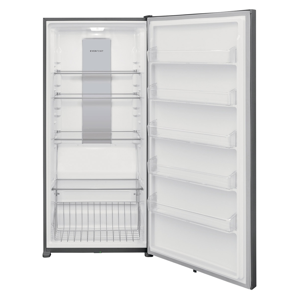 Open Frigidaire upright freezer showing adjustable glass shelves, deep bottom basket, and five door bins.