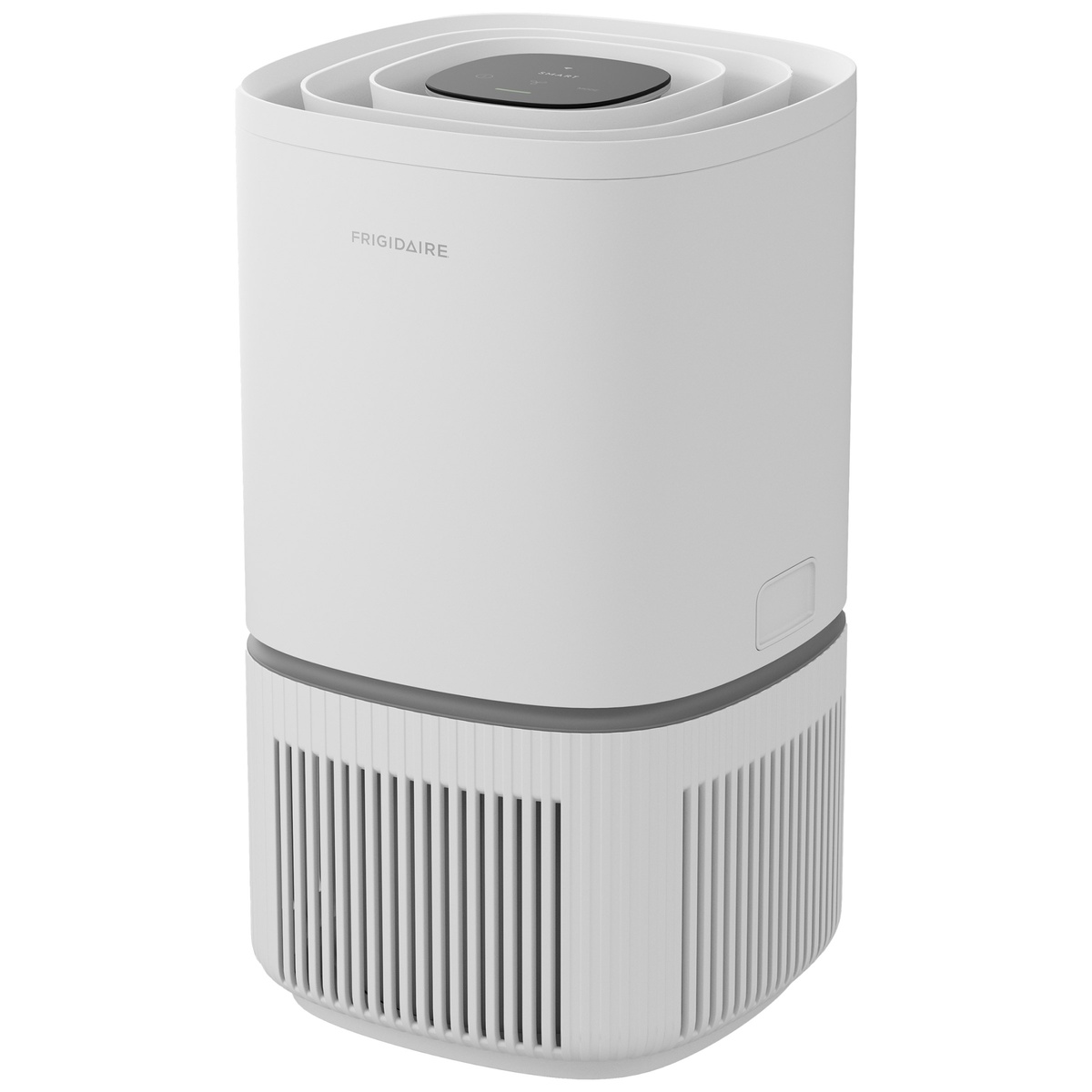 Frigidaire PureA300 air purifier angled view showing top outlet and smooth white finish