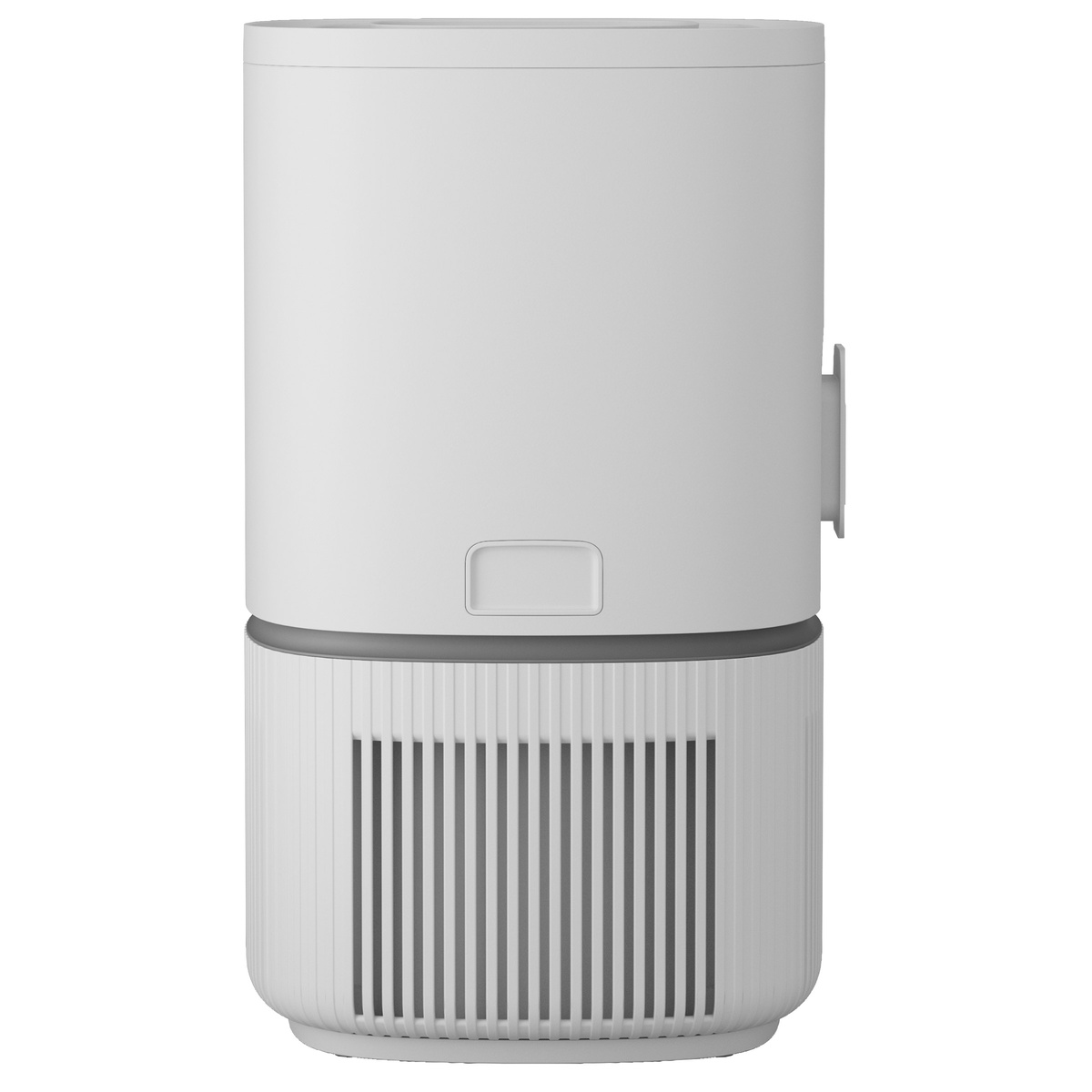 Side view of the purifier showing wraparound intake grille and cord winder area