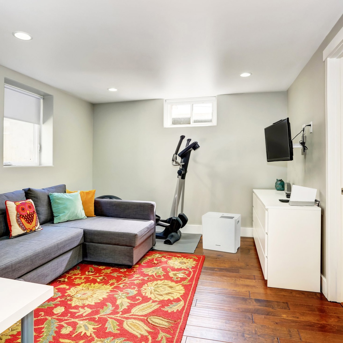 Frigidaire dehumidifier placed in a bright living area beside a media console