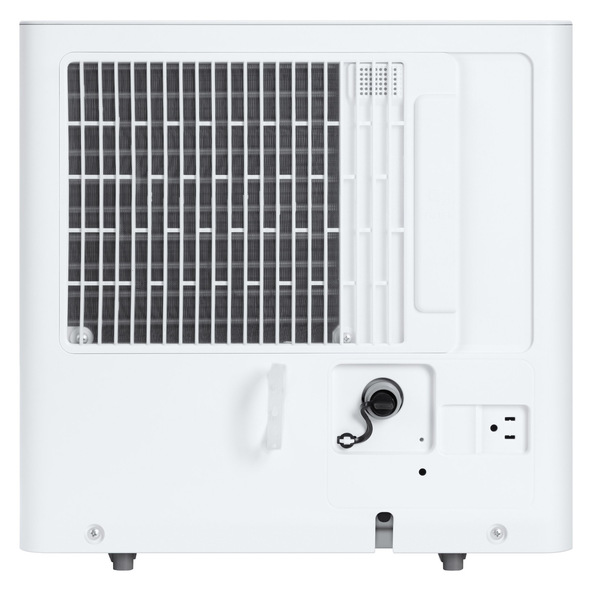 Rear view showing large air filter and drain port for continuous drainage