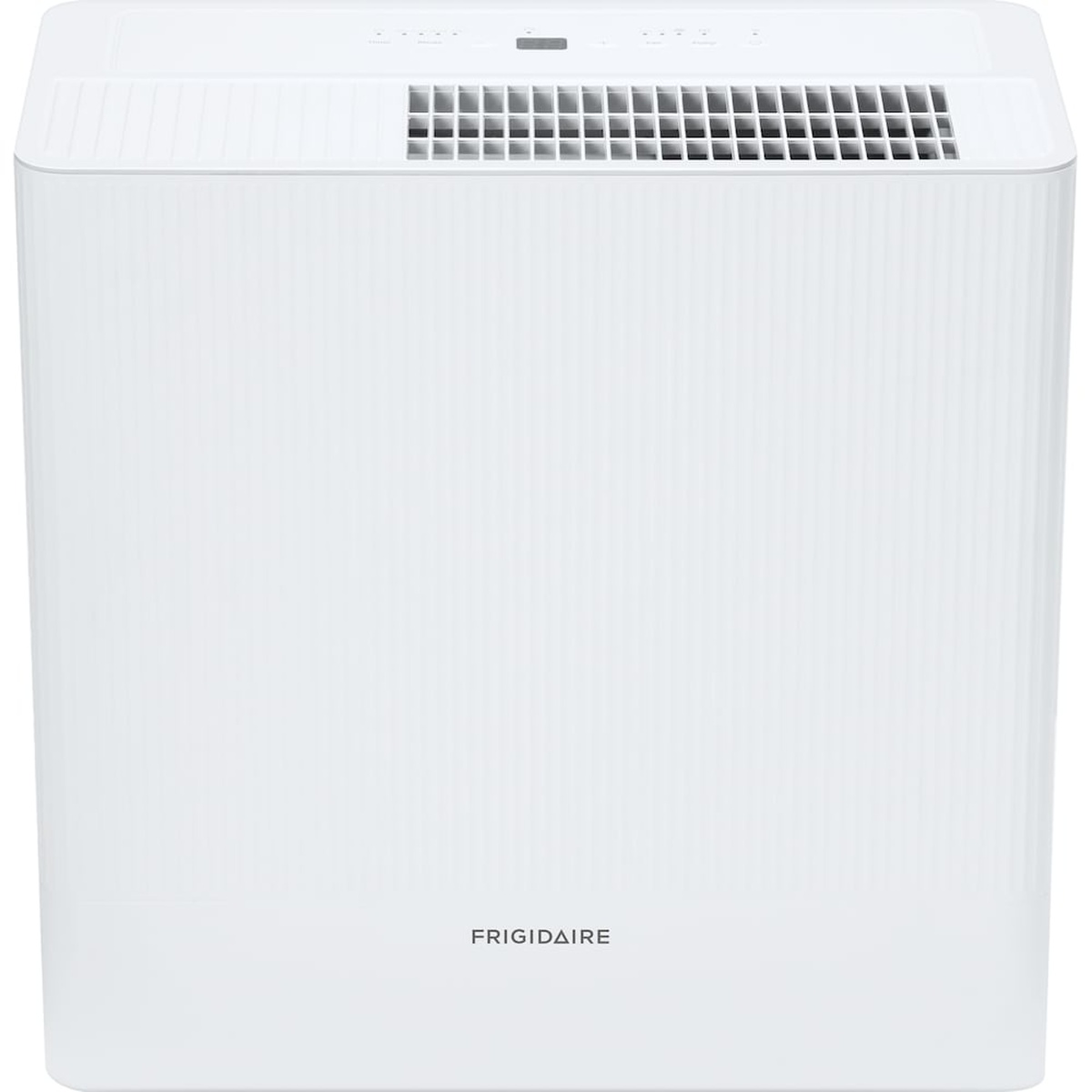 Front view of the Frigidaire dehumidifier with clean white finish and slim, vertical‑ribbed design