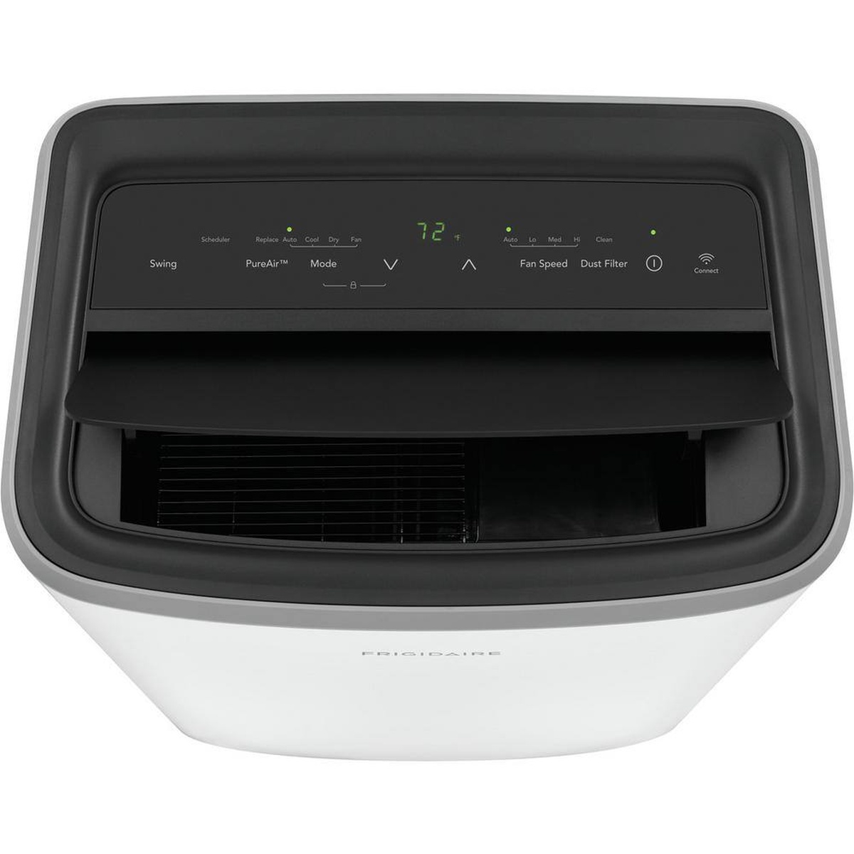 Top control panel with digital display and open louver on the Frigidaire portable AC.