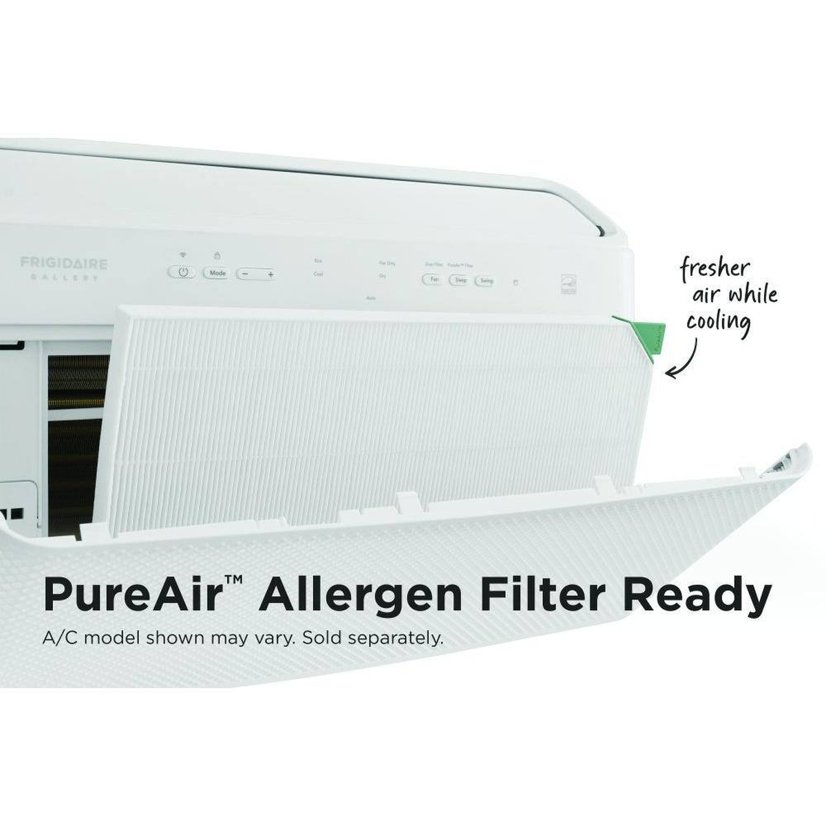 Air conditioner front panel opened to access the filter, labeled PureAir Allergen Filter Ready.