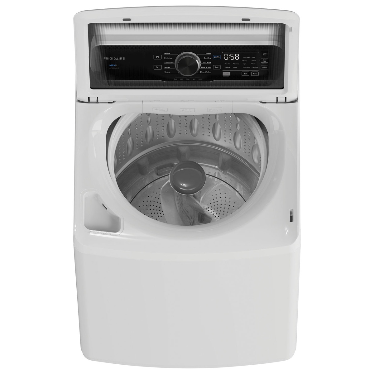 Top view of Frigidaire top-load washer showing stainless steel drum and agitator.