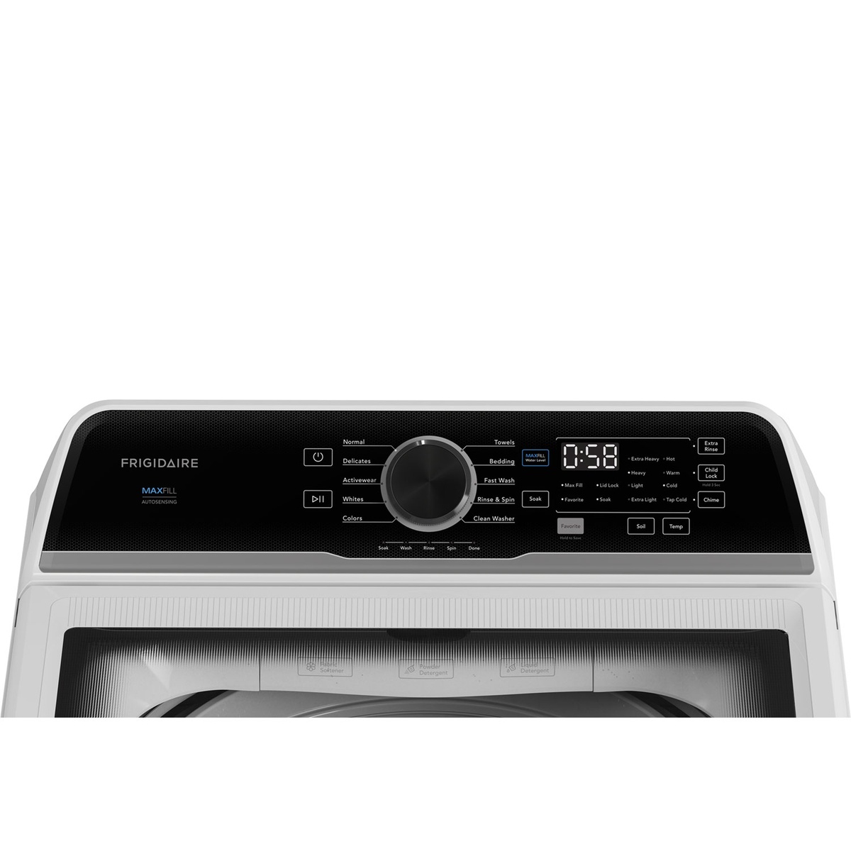 Close-up of the washer control panel with dial, buttons, and digital countdown.