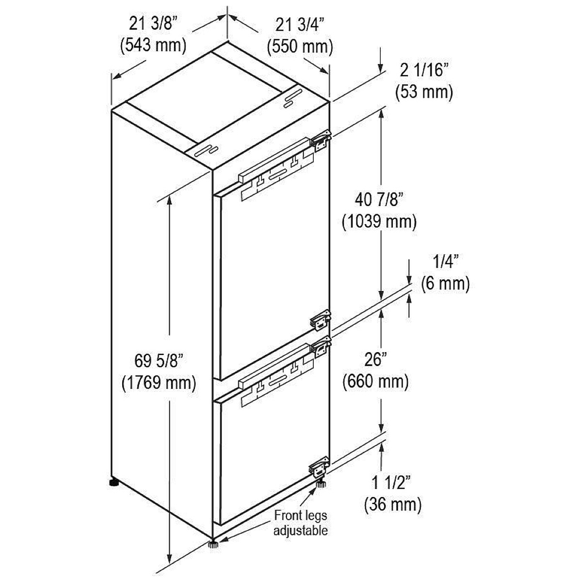 Installation diagram with overall height and depth measurements and adjustable front legs callout