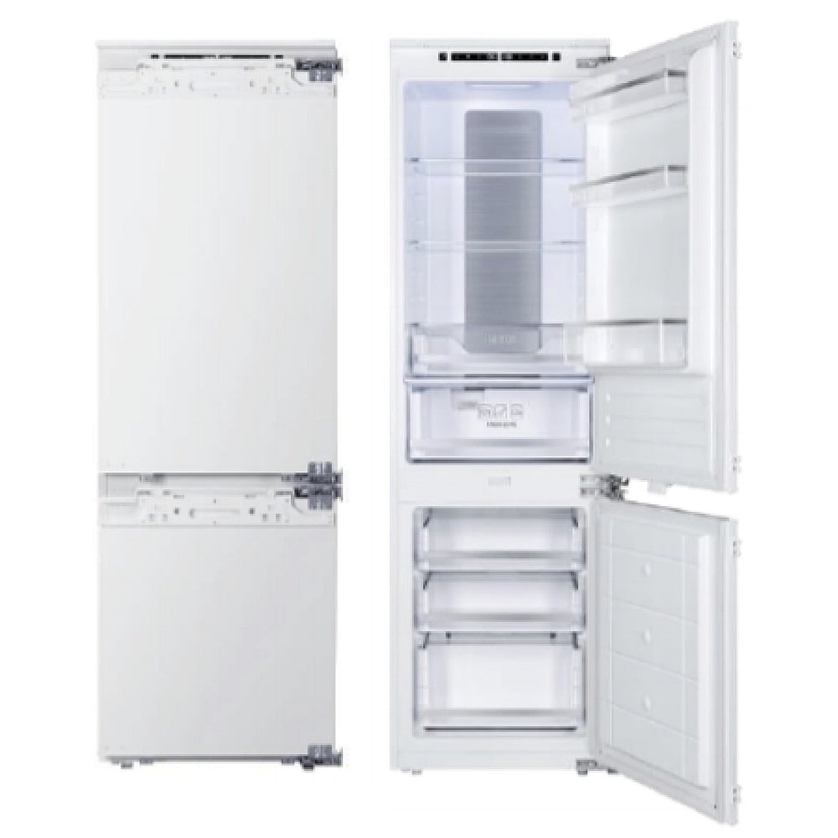 Panel-ready built-in bottom-freezer refrigerator shown open with interior shelves and freezer drawers