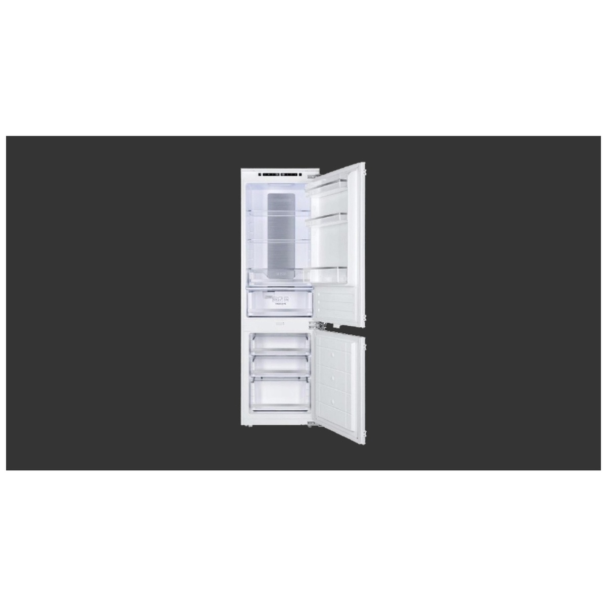 Open interior view showing LED lighting, glass shelves, and door bins