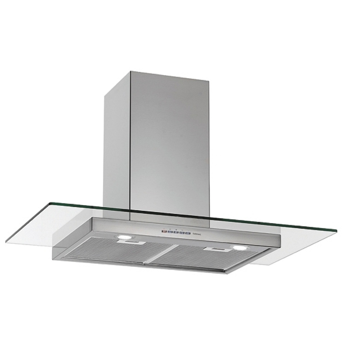 Falmec wall-mount hood with stainless steel body, glass canopy, front controls, LED lights, and dual mesh filters