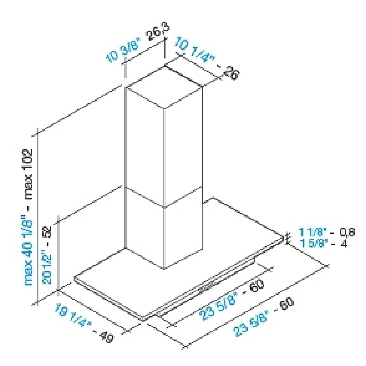 Dimension diagram of the Falmec hood showing 23 5/8-inch width and chimney measurements